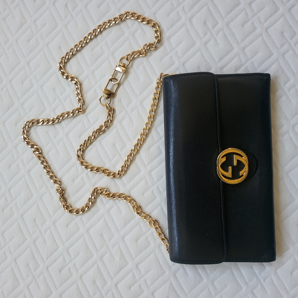 Gucci Handbags - Gucci Black Wallet with Gold Chain